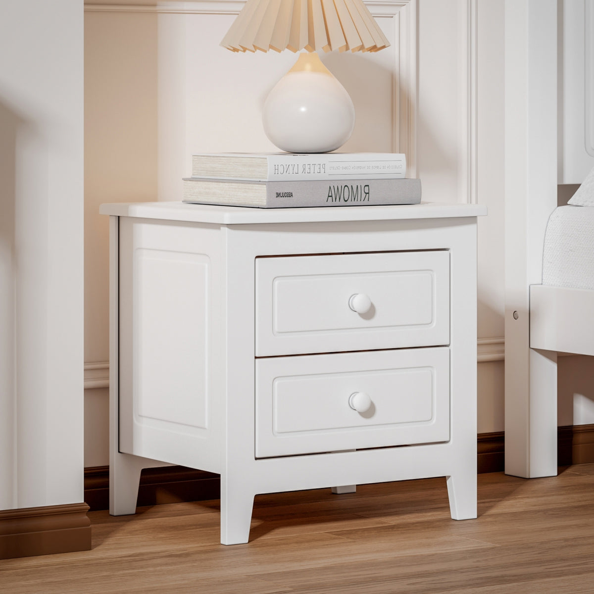 2-Drawer Nightstand for Bedroom with Classic Design in White