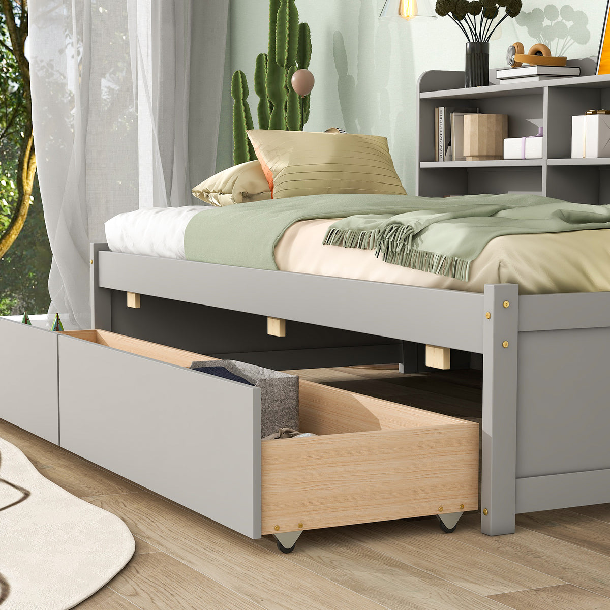 Twin Bed with Side Bookcase &amp; Storage Drawers in Gray