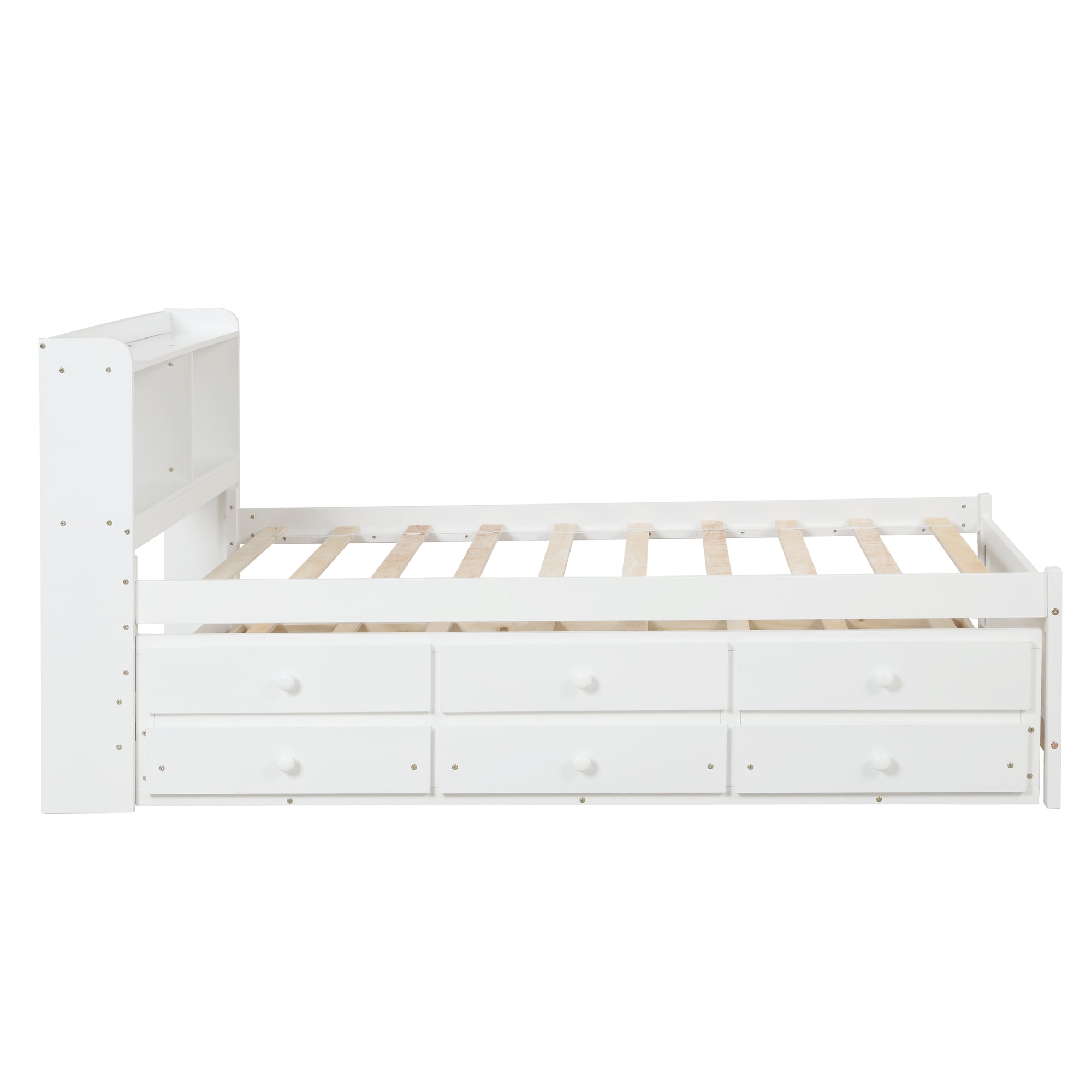 White Twin Bed with Bookcase, Trundle, and Drawers