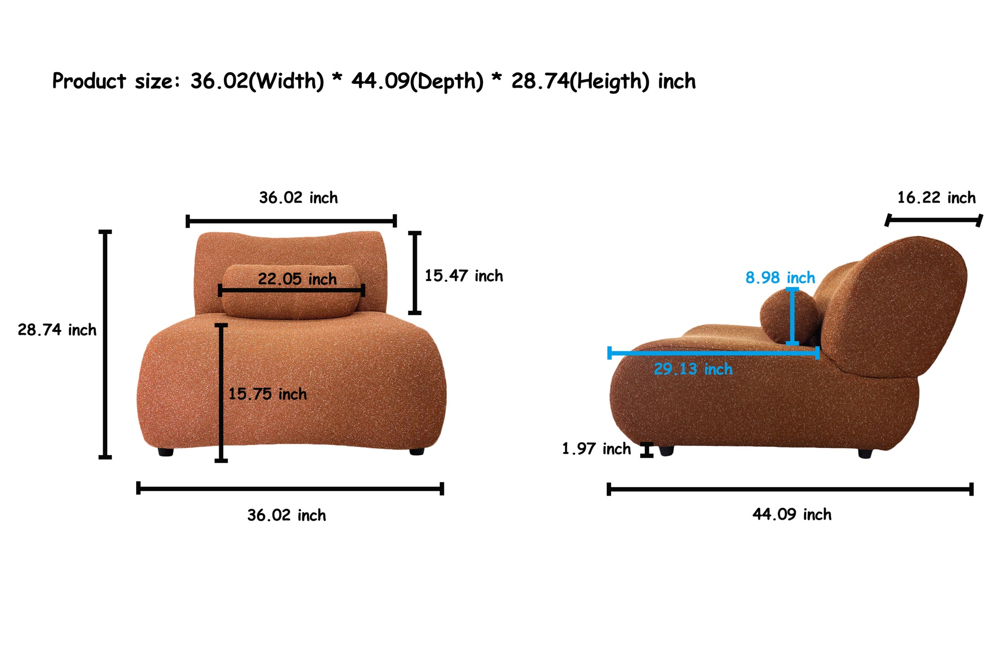 3 Seat Contemporary Orange Chenille Modular Sofa