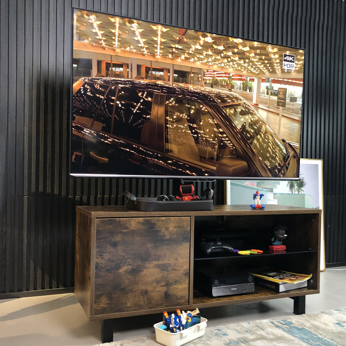 Rustic Brown TV Console with Push-to-Open Storage Cabinet for TV up to 65in In Rustic Brown