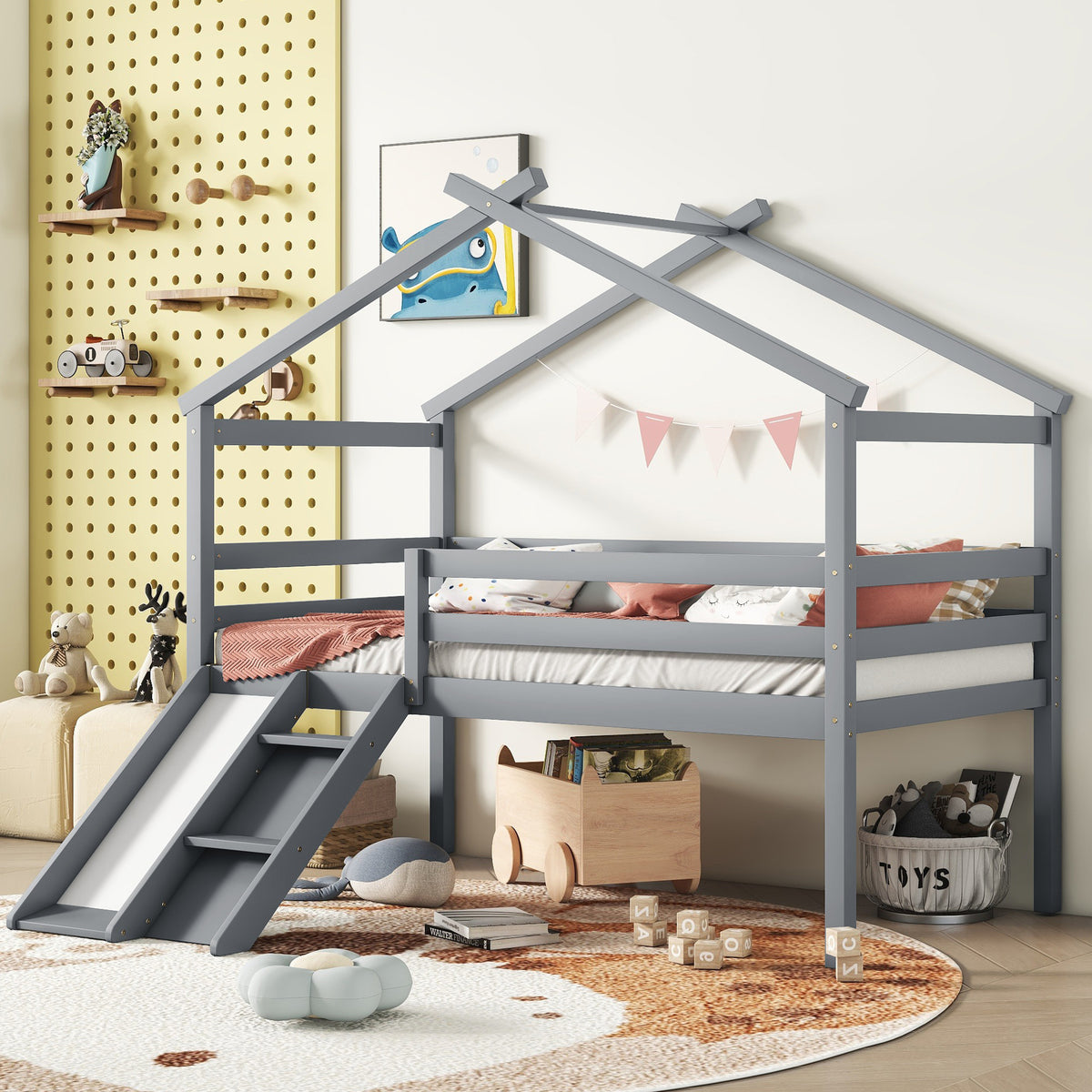 Gray Twin Low Loft House Bed with Slide, Ladder, and Roof Frame