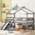 Gray Twin Low Loft House Bed with Slide, Ladder, and Roof Frame