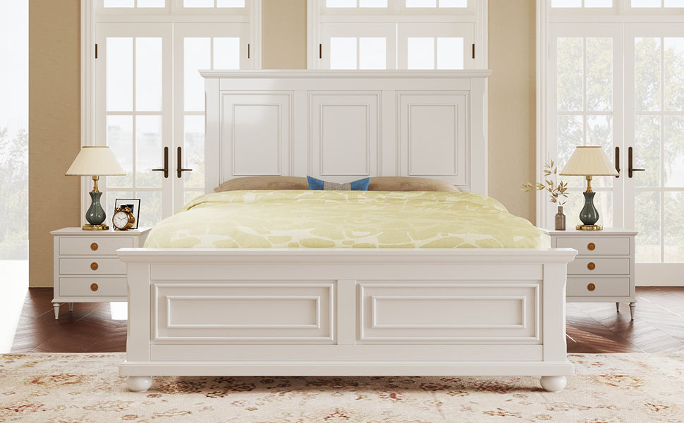 Traditional Town and Country Style Queen Panel Bed with Decorative Fretwork in White