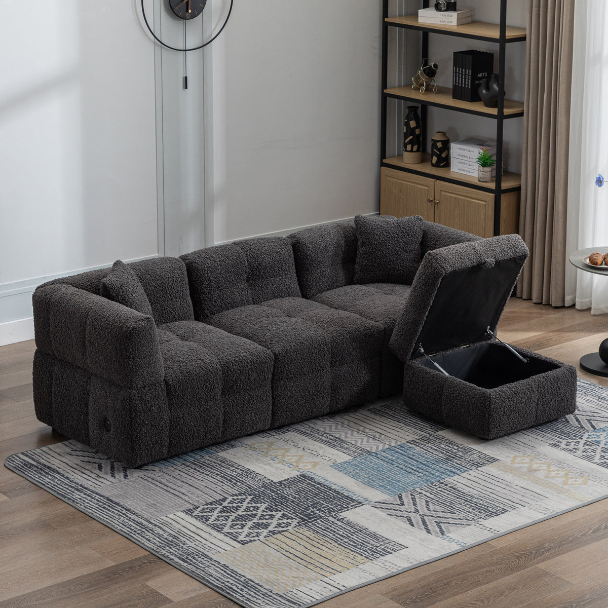 Gray Teddy Fleece Sectional Sofa with Multi-Functional Storage Ottoman