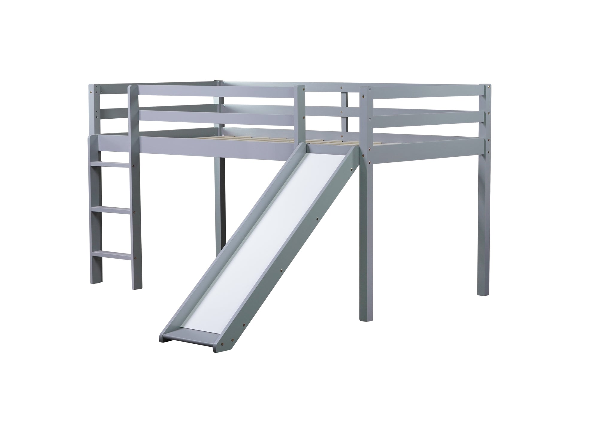 Gray Twin Low Loft Bed with Slide, Ladder, and Guardrails