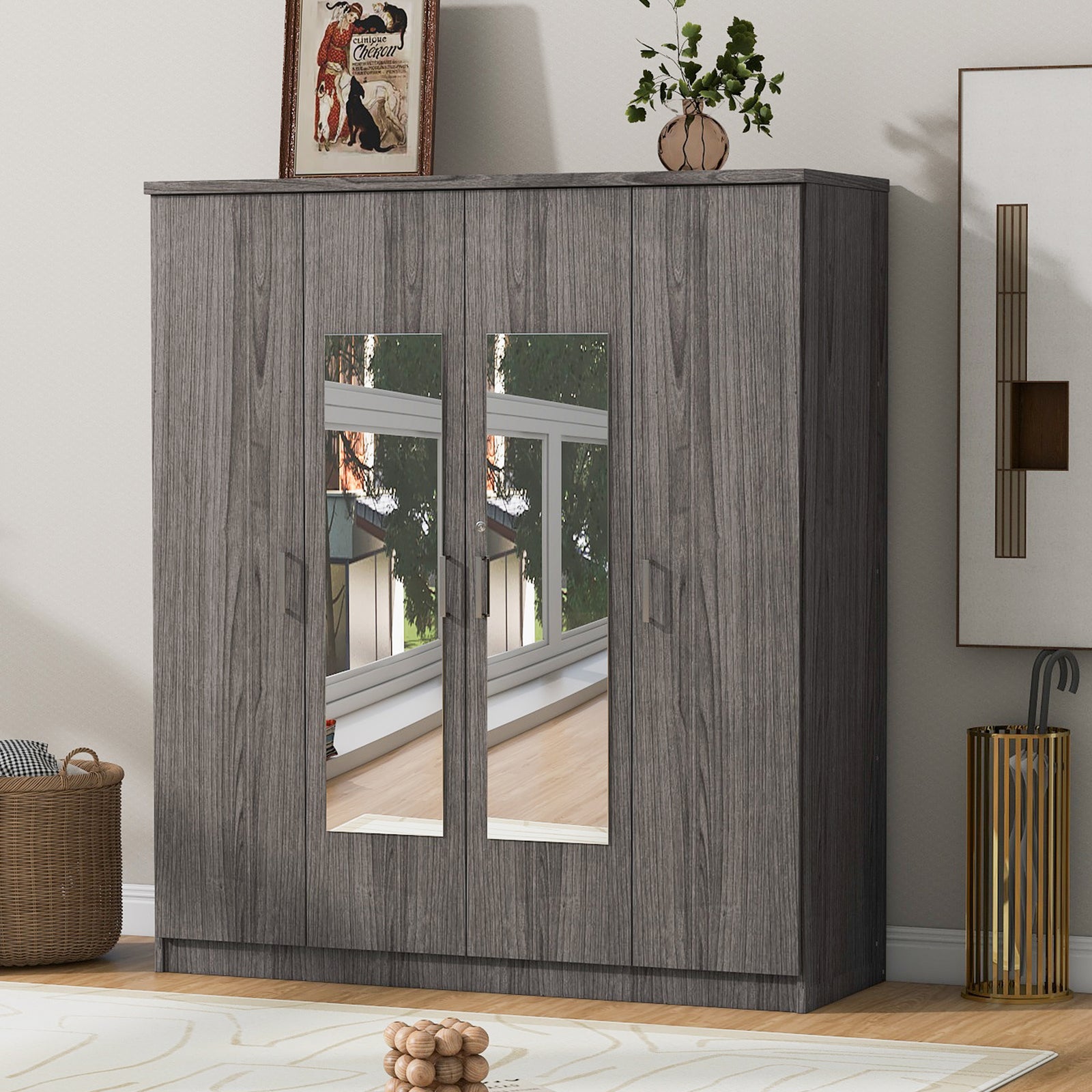 Nøordka Light Dresser Default 68" Gray 4-Door Mirror Wardrobe & Closet