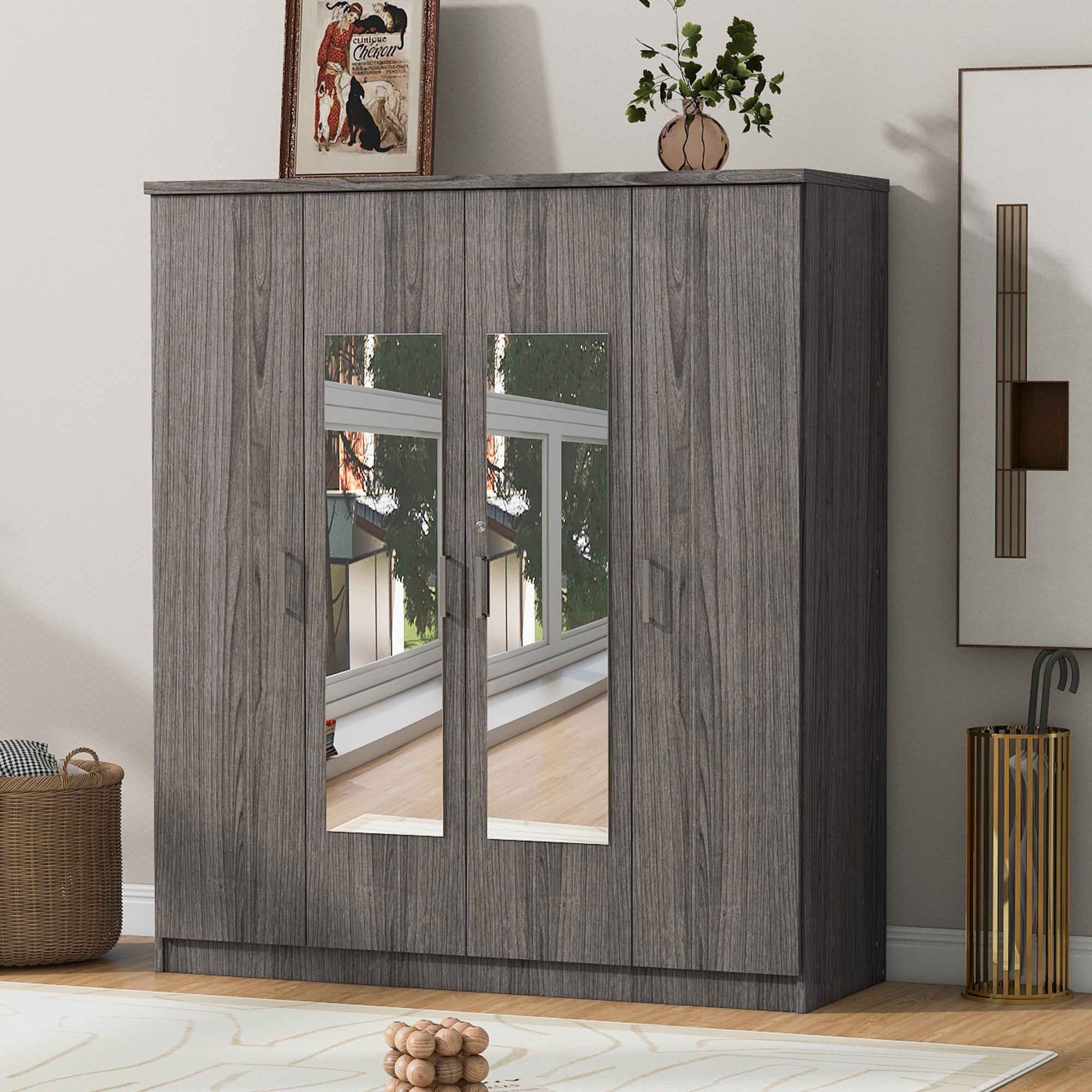 4-Door Mirror Wardrobe with Shelves for Organized Storage In Gray