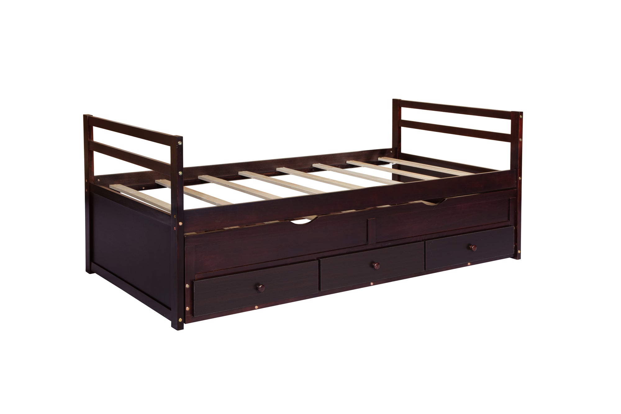 Espresso Pine Twin Size Bed with Headboard, Footboard, Trundle, and Three Storage Drawers