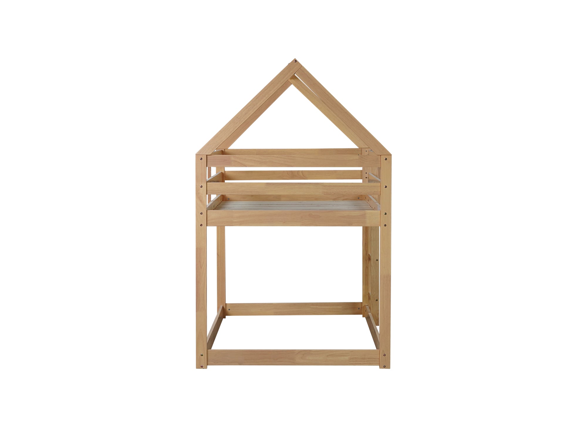 White Oak Twin Over Twin Rubber Wood House-Shaped Bunk Bed with Ladder & Guardrails