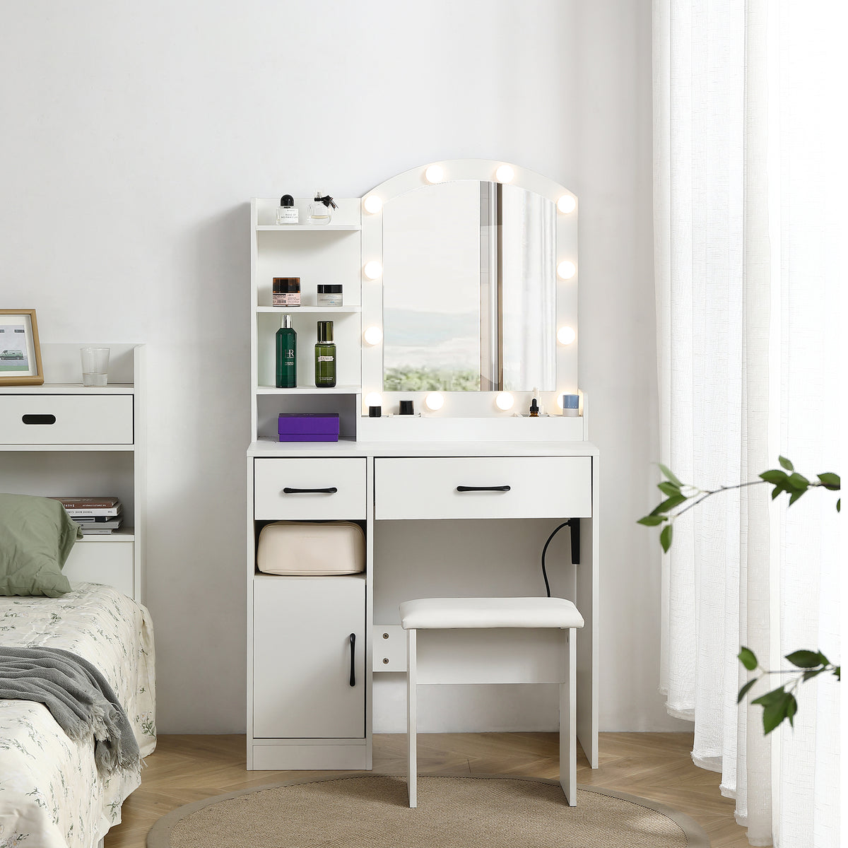 Vanity Desk Set With Large Lighted Mirror And Adjustable Brightness In White