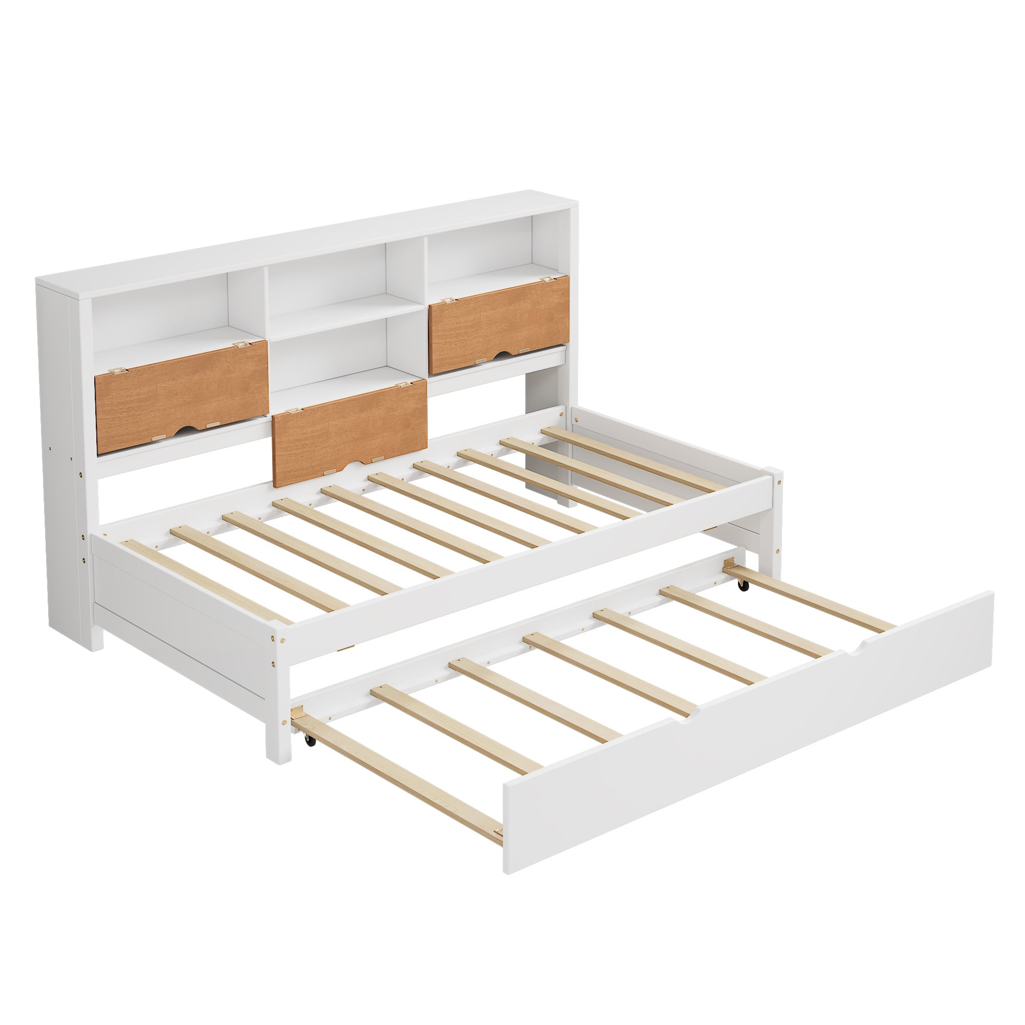 White & Walnut Twin Modern Daybed with Storage Cabinets and Trundle