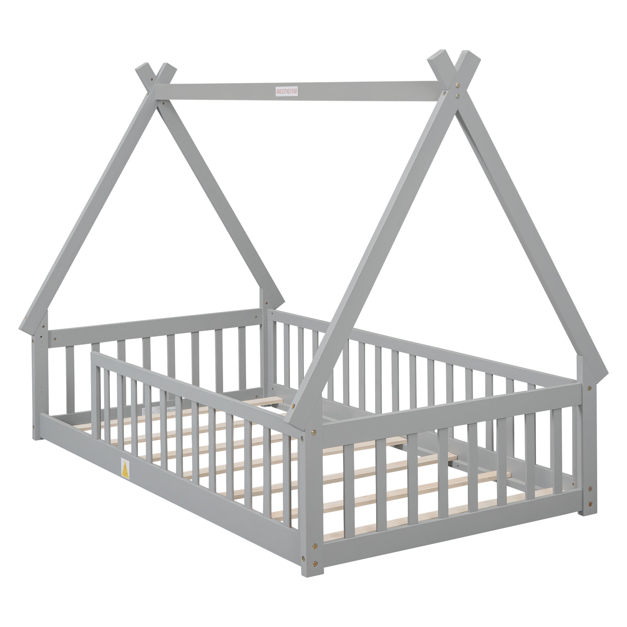 Gray Twin Tent-Shaped Teepee Toddler Floor Bed Frame with Guardrails