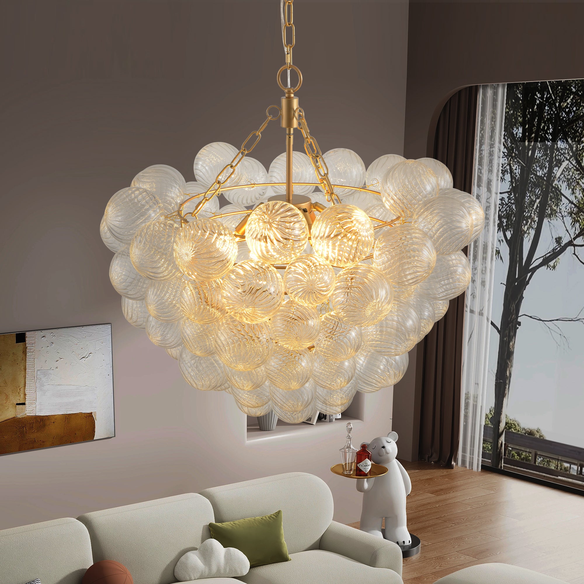 Gold Pendant Light Chandelier with Threaded Clear Glass Globe Shade