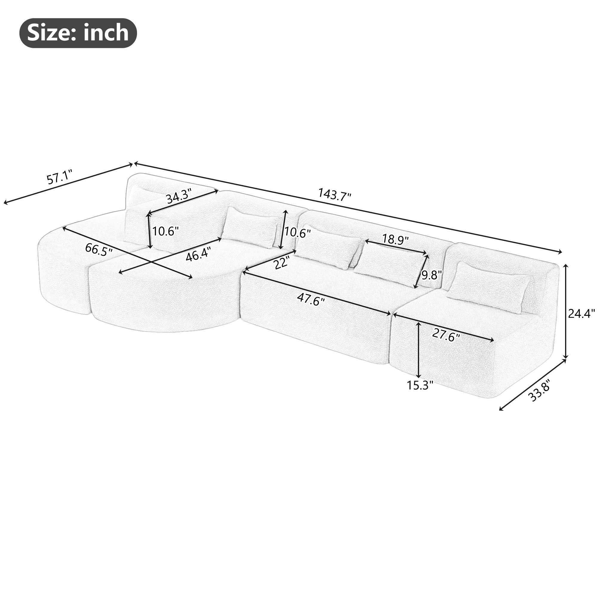 Copenhagen Modular Bouclé L-Shape Sofa in Light Gray