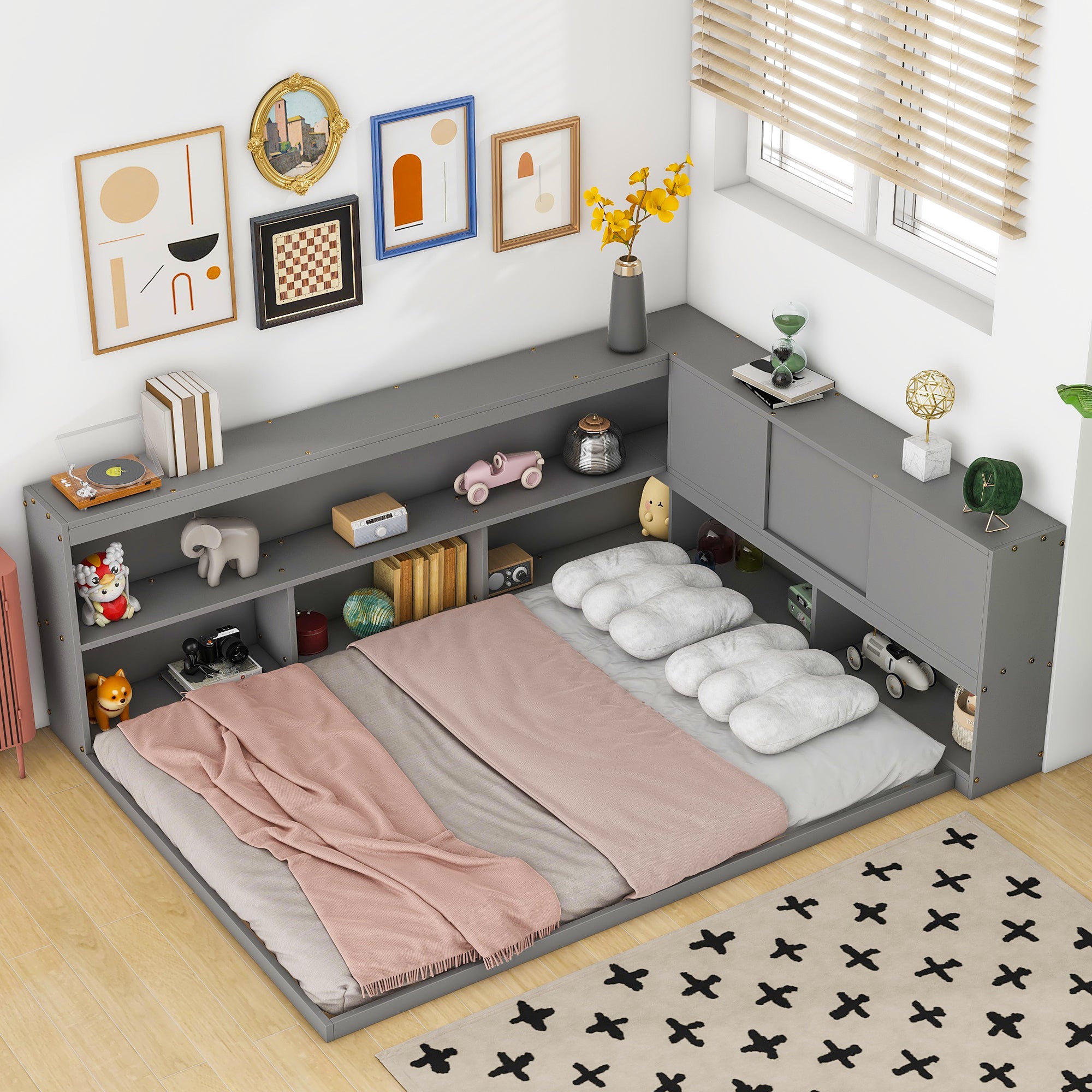 Full Floor Bed with L-Shaped Bookcases with Sliding Door Storage