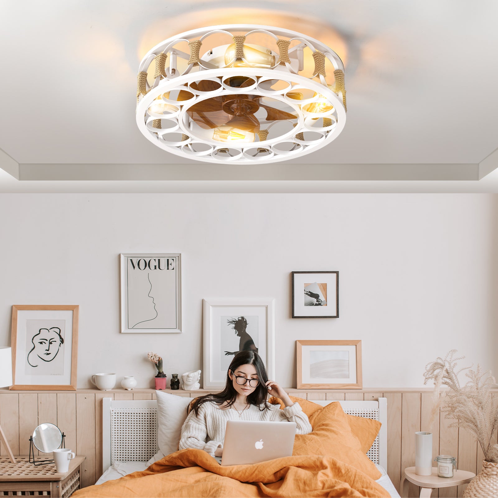 Semi-Embedded 6 Speed Caged Ceiling Fan with Lights and Remote Control