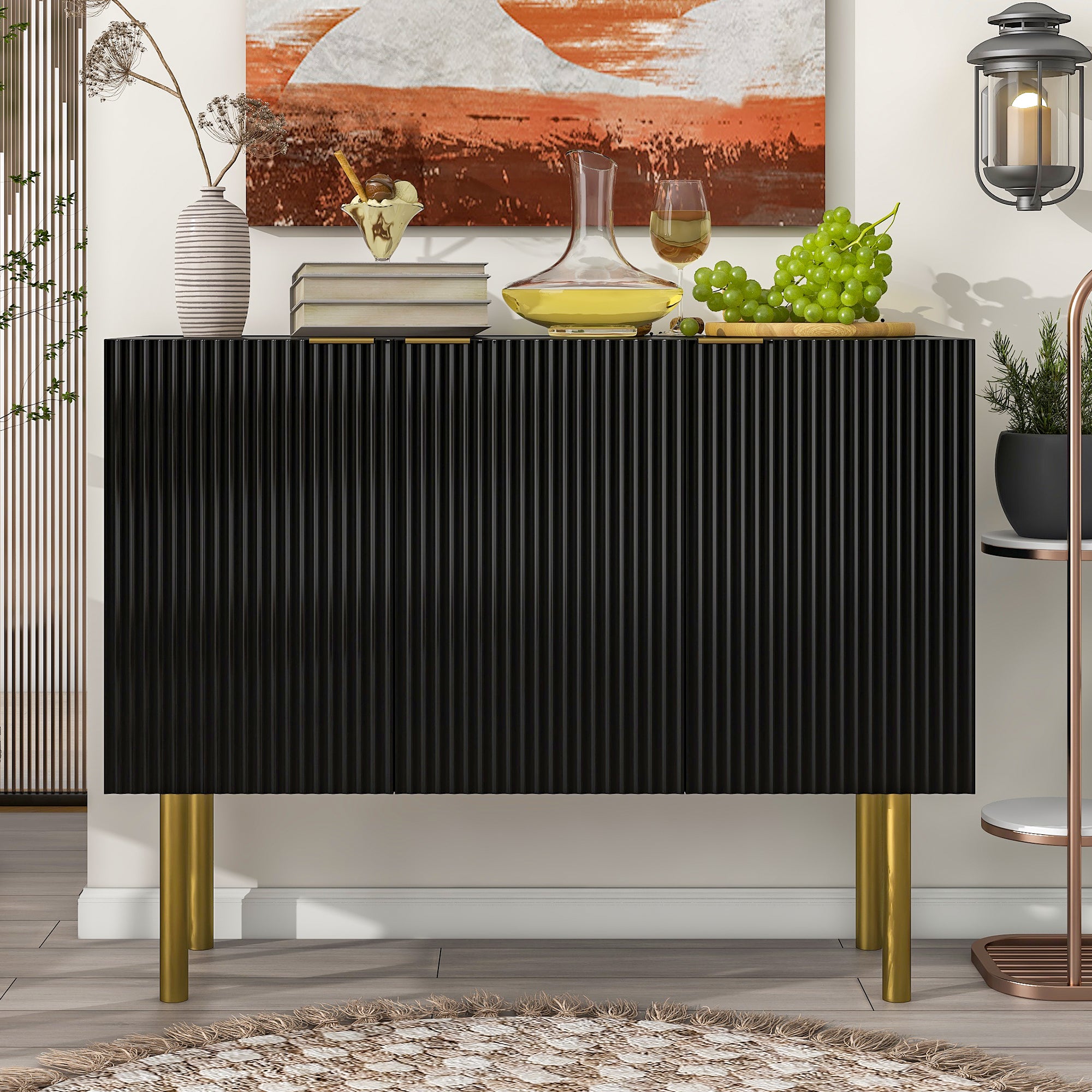 Modern Simple Luxury Sideboard Cabinet With Gold Legs Adjustable Shelves For Living Room Dining Room In Black