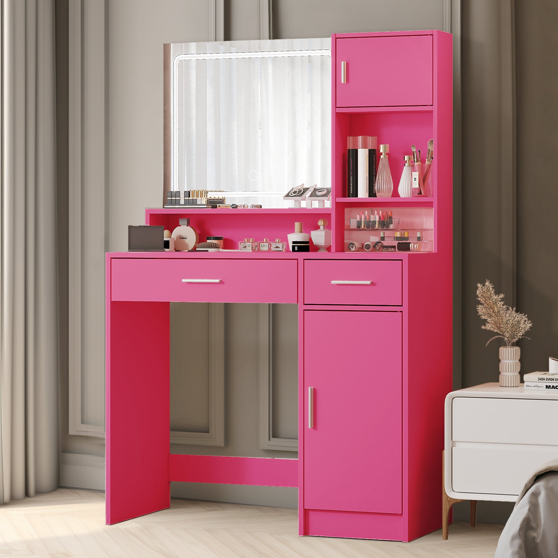 Vanity Desk with Mirror and LED Light Strip Large Drawer 3 Level Storage Dresser 3 Lighting Modes Adjustable Brightness In Rose Pink