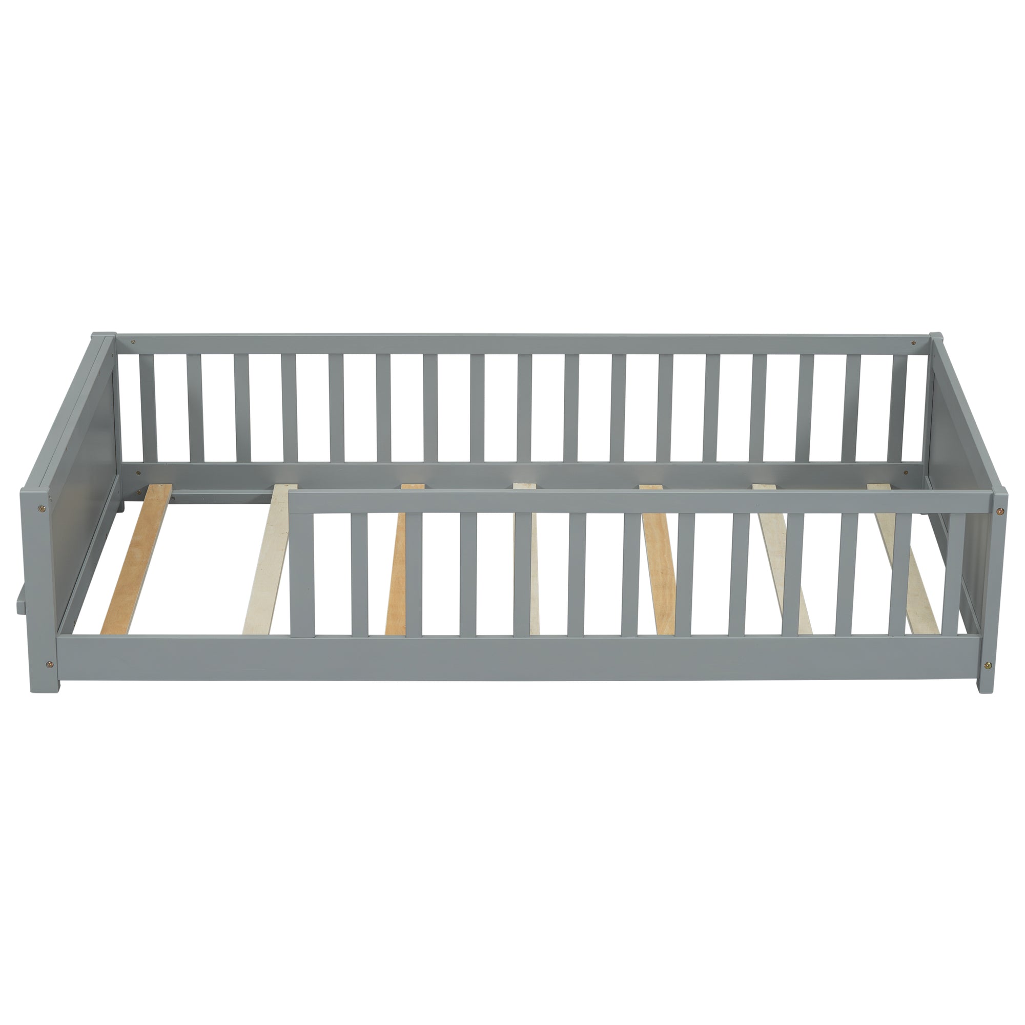 Gray Twin Toddler Floor Bed with Built-in Book Storage Rack