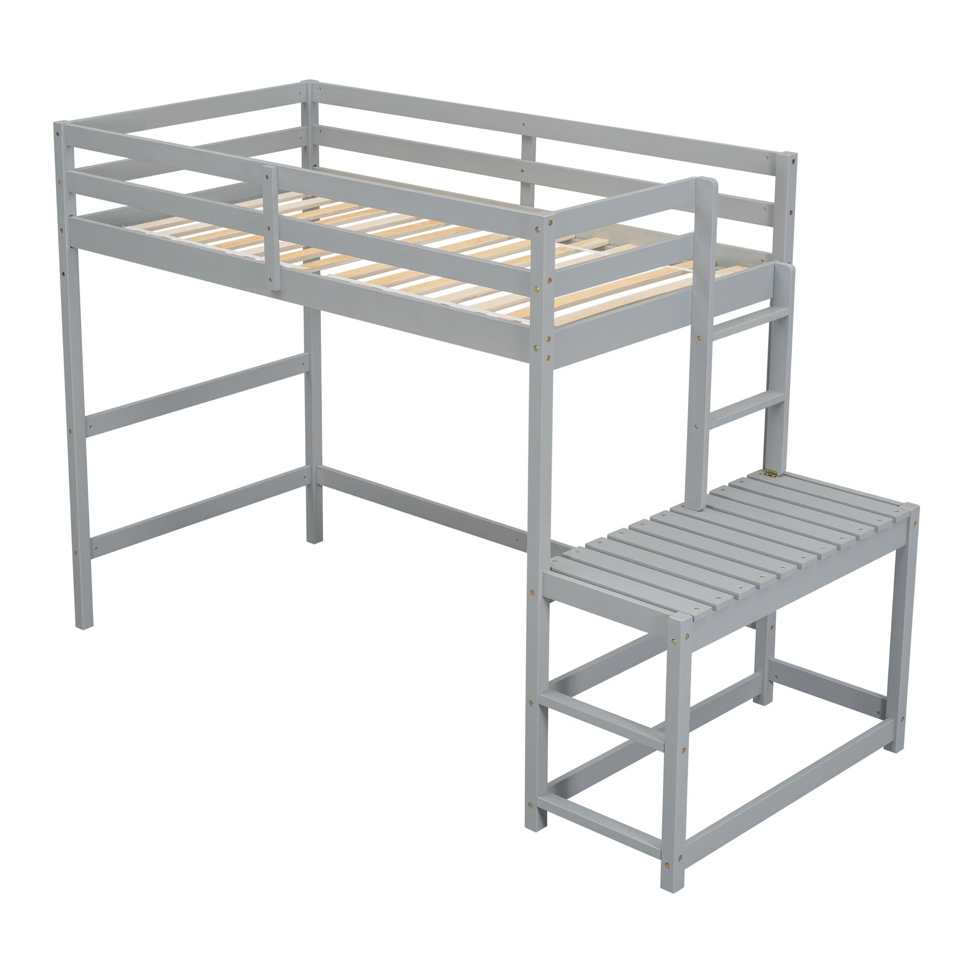 Gray Twin High Loft Bed with Ladder Landing Platform and Guardrails