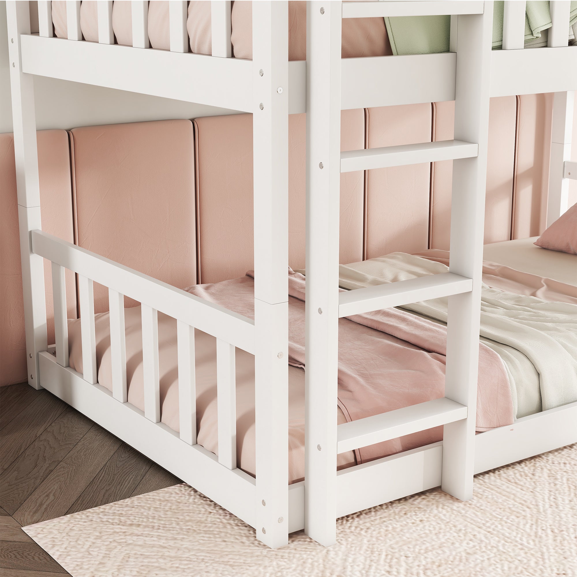 Detachable Twin Size Triple Bunk Bed with Ladders and Guardrails in White