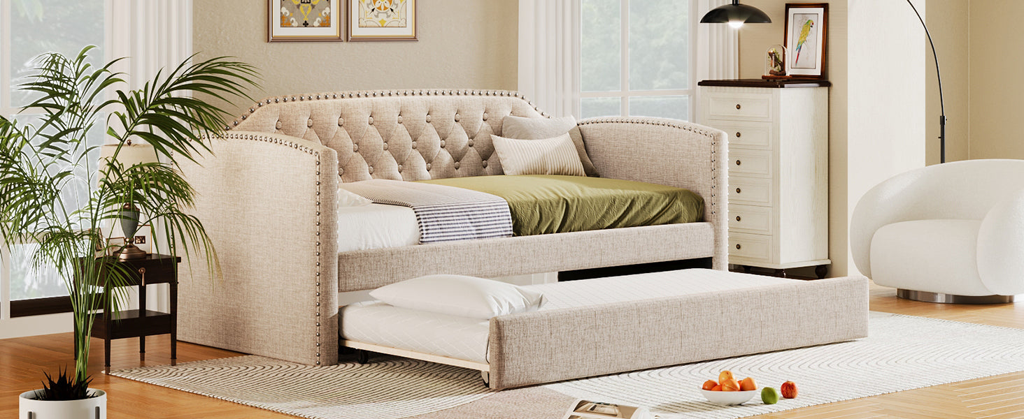 Twin Upholstered Daybed with Trundle in Beige Linen