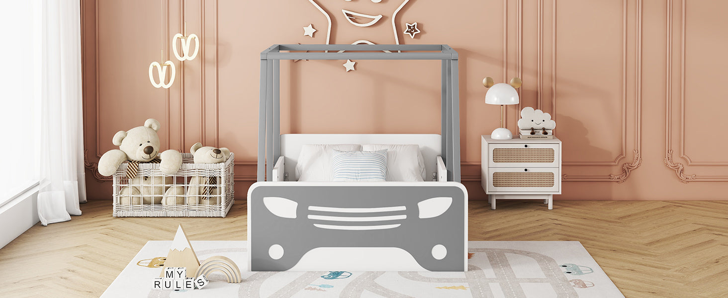 Gray Twin Size Car-Shaped Bed with Roof and Wooden Wheels