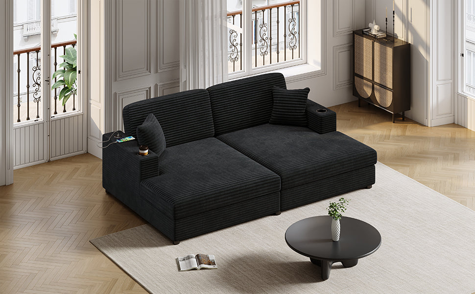 2-Seater Corduroy Chaise Lounge Sofa With Cup Holders