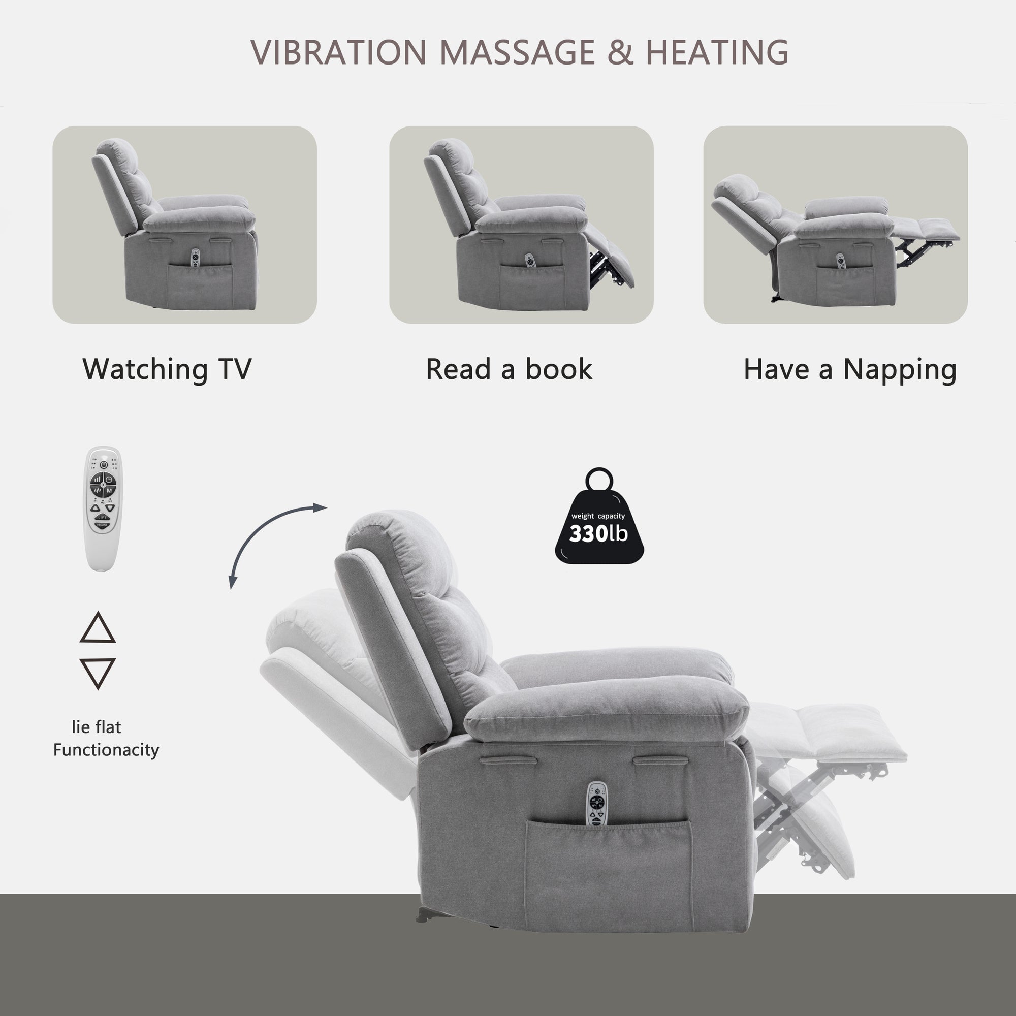 Power Recliner Chair with Adjustable Massage and Heating Function In Light Gray Velvet