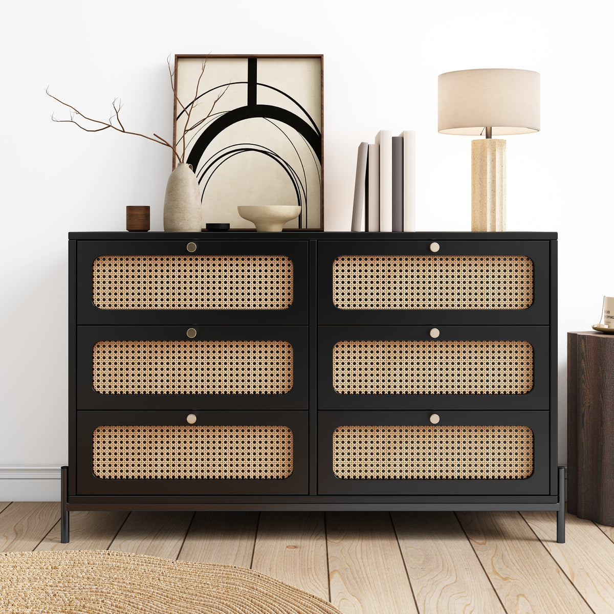 Modern Cannage Rattan Wood 6-Drawer Dresser Storage Cabinet For Bedroom Living Room Entryway Hallway In Black