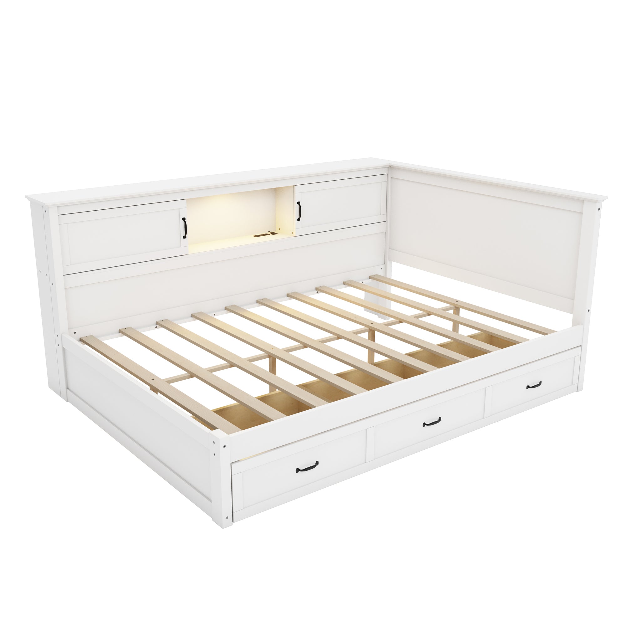 Full L-Shaped Daybed with Storage Cabinets, Drawers & Built-In Charging Station