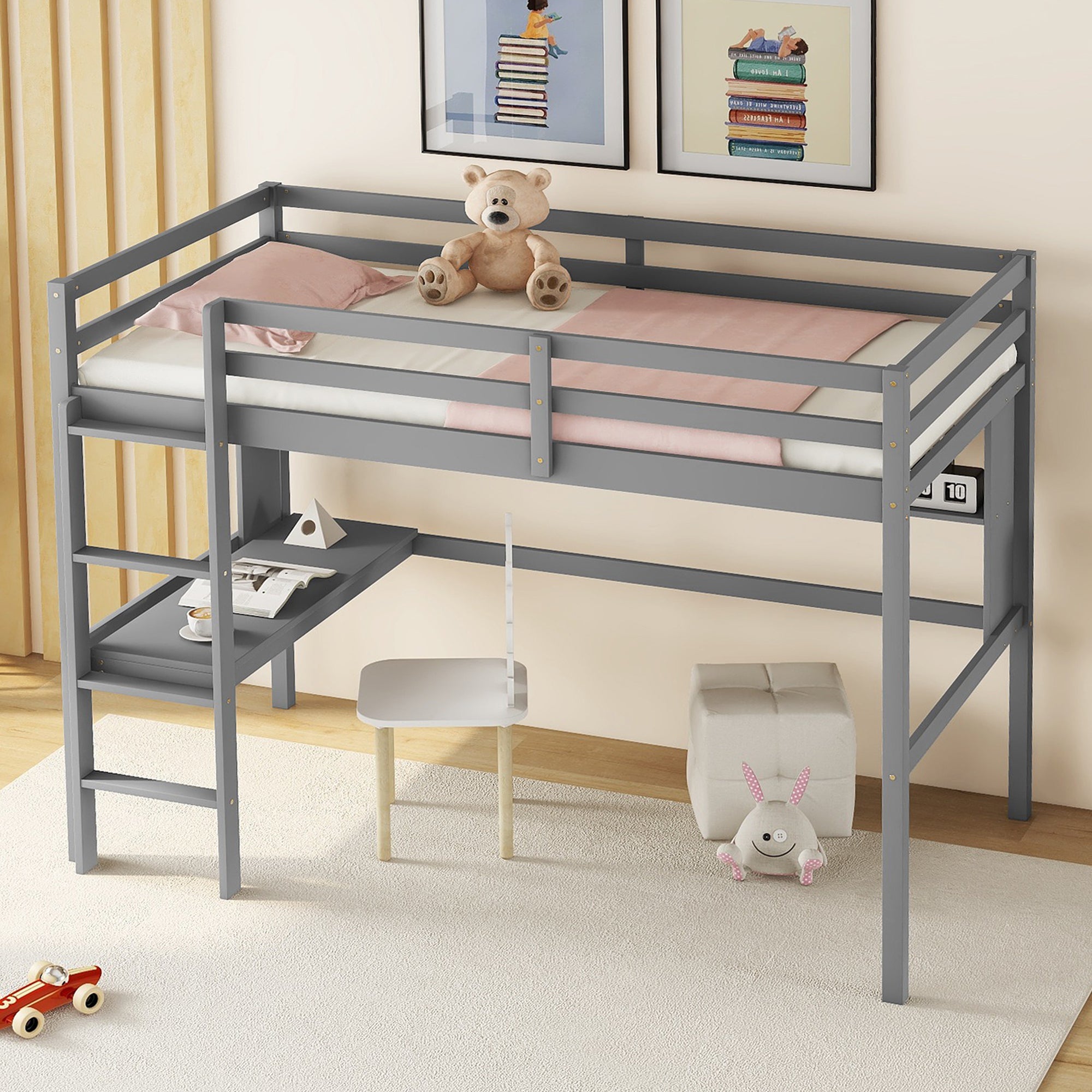 Gray Twin Loft Bed with Desk, Bookcase, and Safety Guardrail