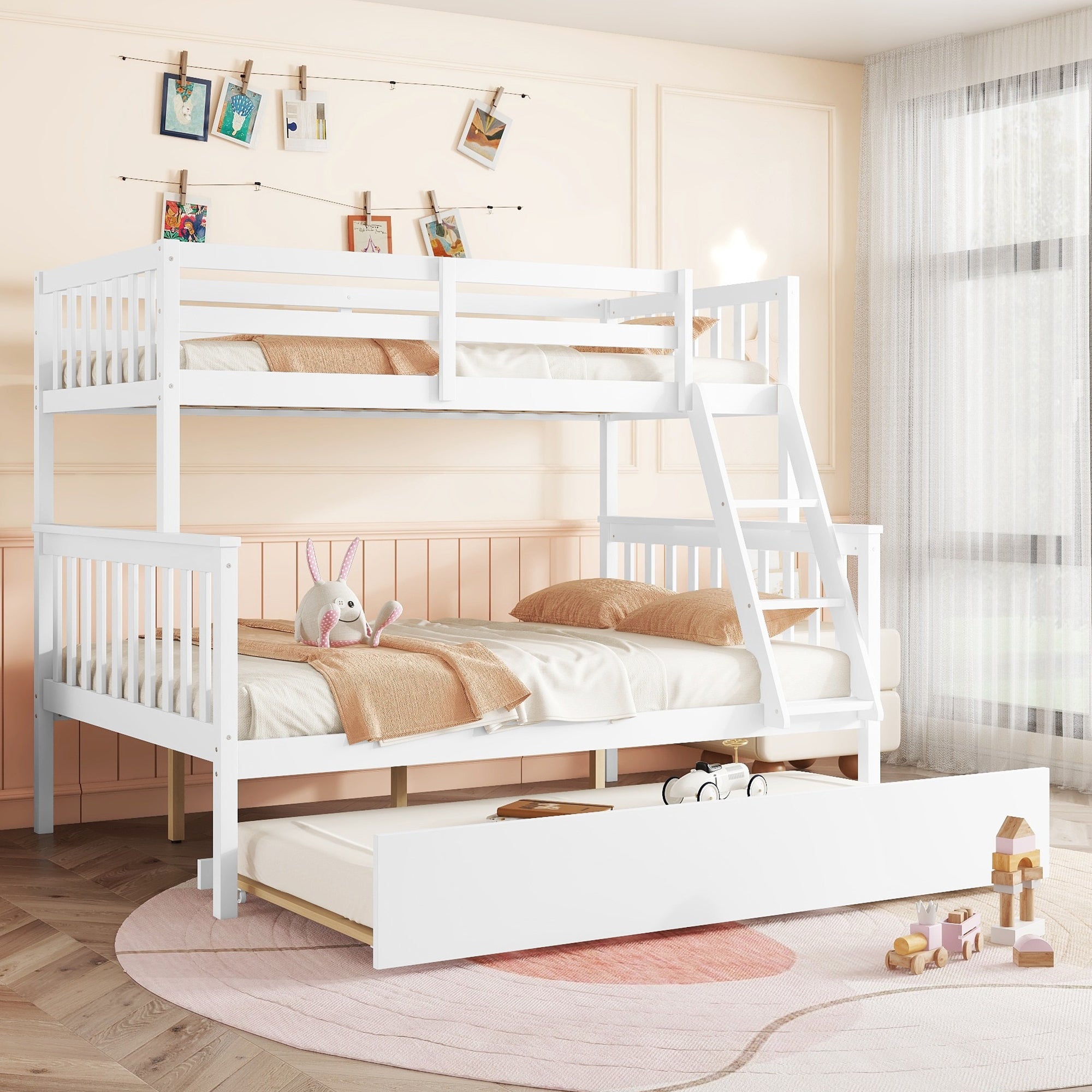 White Twin Over Full Rubber Wood Bunk Bed with Trundle, Detachable Ladder, and Guardrails