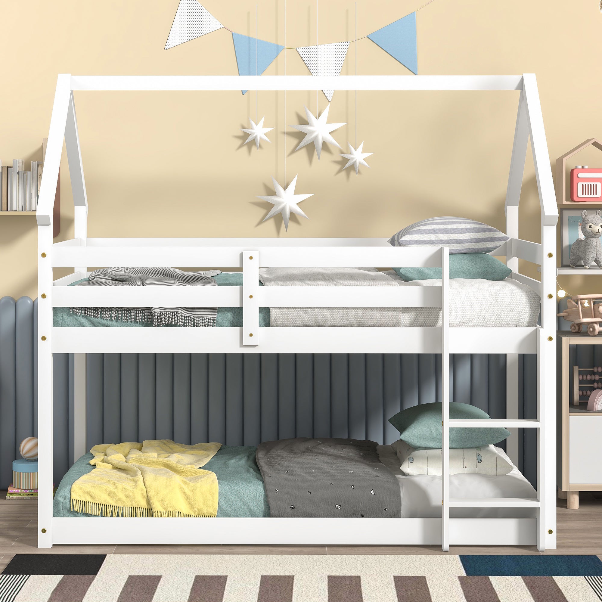 White Twin over Twin Loft Bed with Roof Design, Safety Guardrail, and Ladder