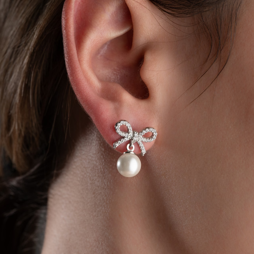 Gold Bow Pearl Dangle Earrings