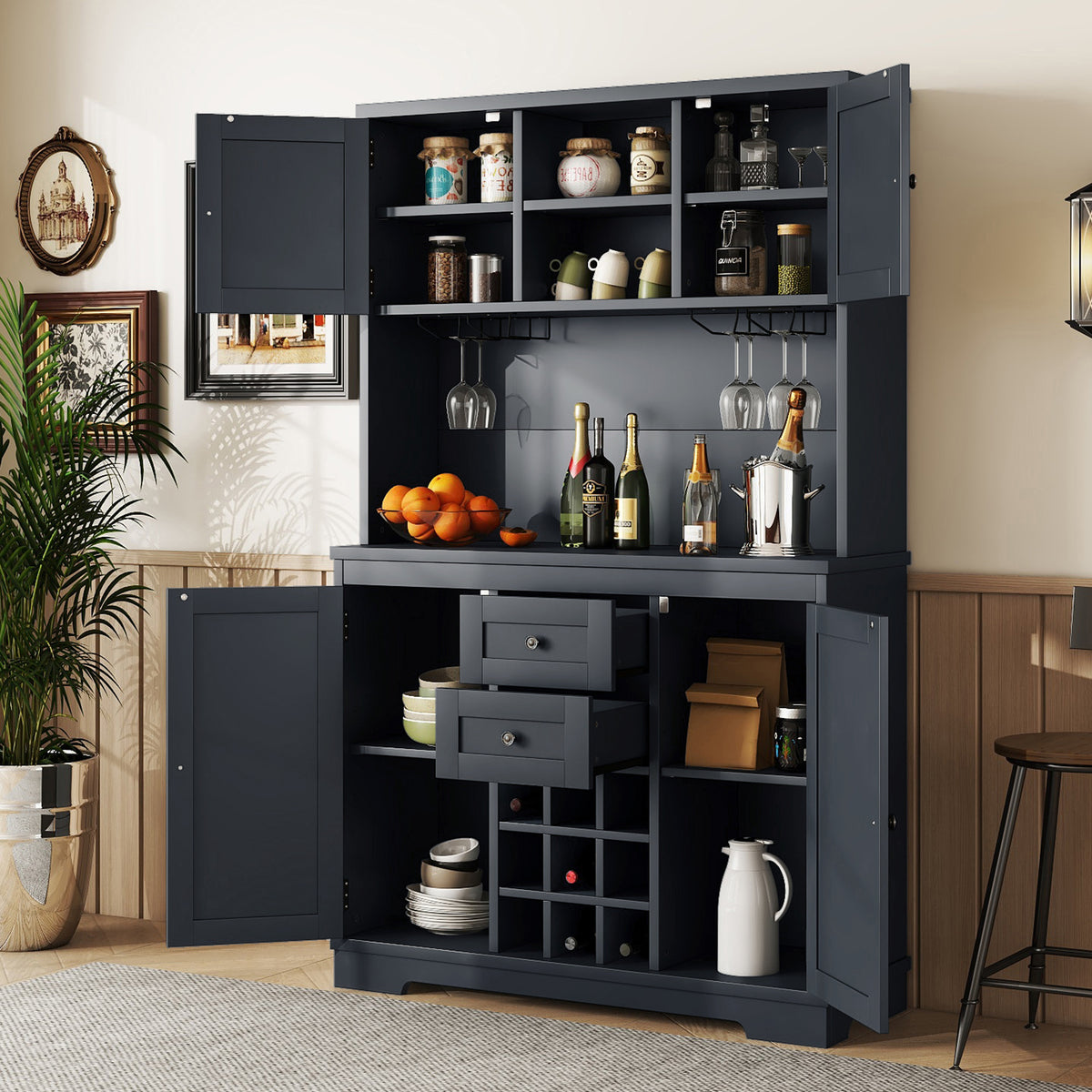 Coffee Bar Cabinet Kitchen Cabinet with Storage and Drawers Buffet Cabinet with Wine and Glass Racks In Dark Blue