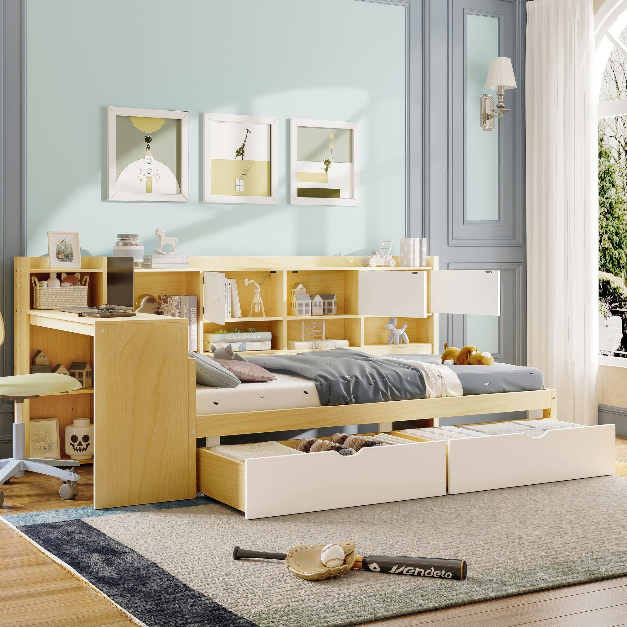 Wooden L-Shape Daybed With Storage Cabinets And Desk In Natural White