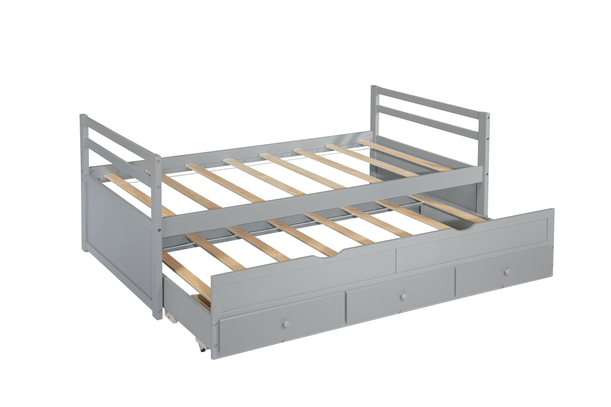 Gray Twin Size Bed with Headboard, Footboard, Trundle, and Three Storage Drawers