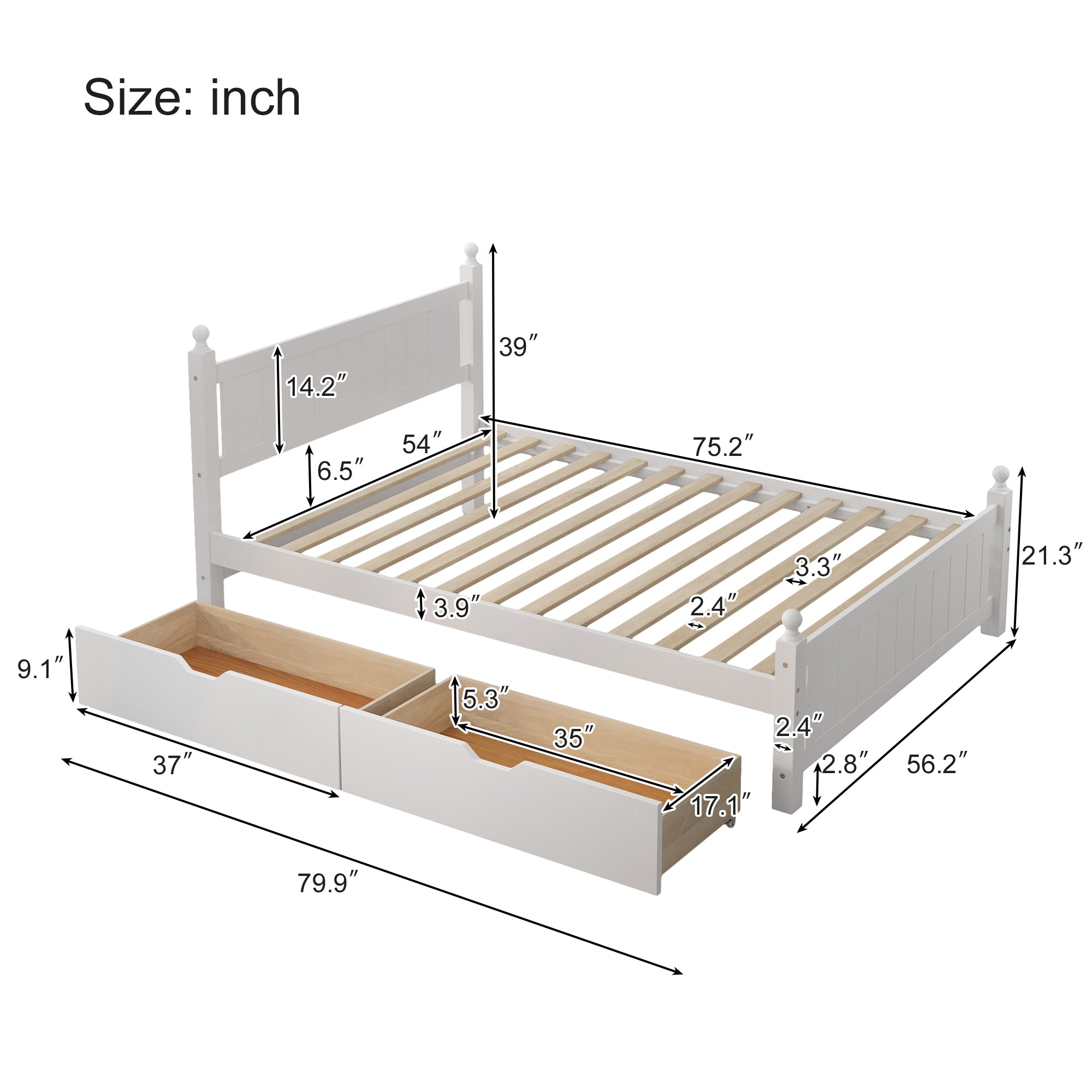 Mid-Century Modern Full Platform Bed Frame With 2 Drawers