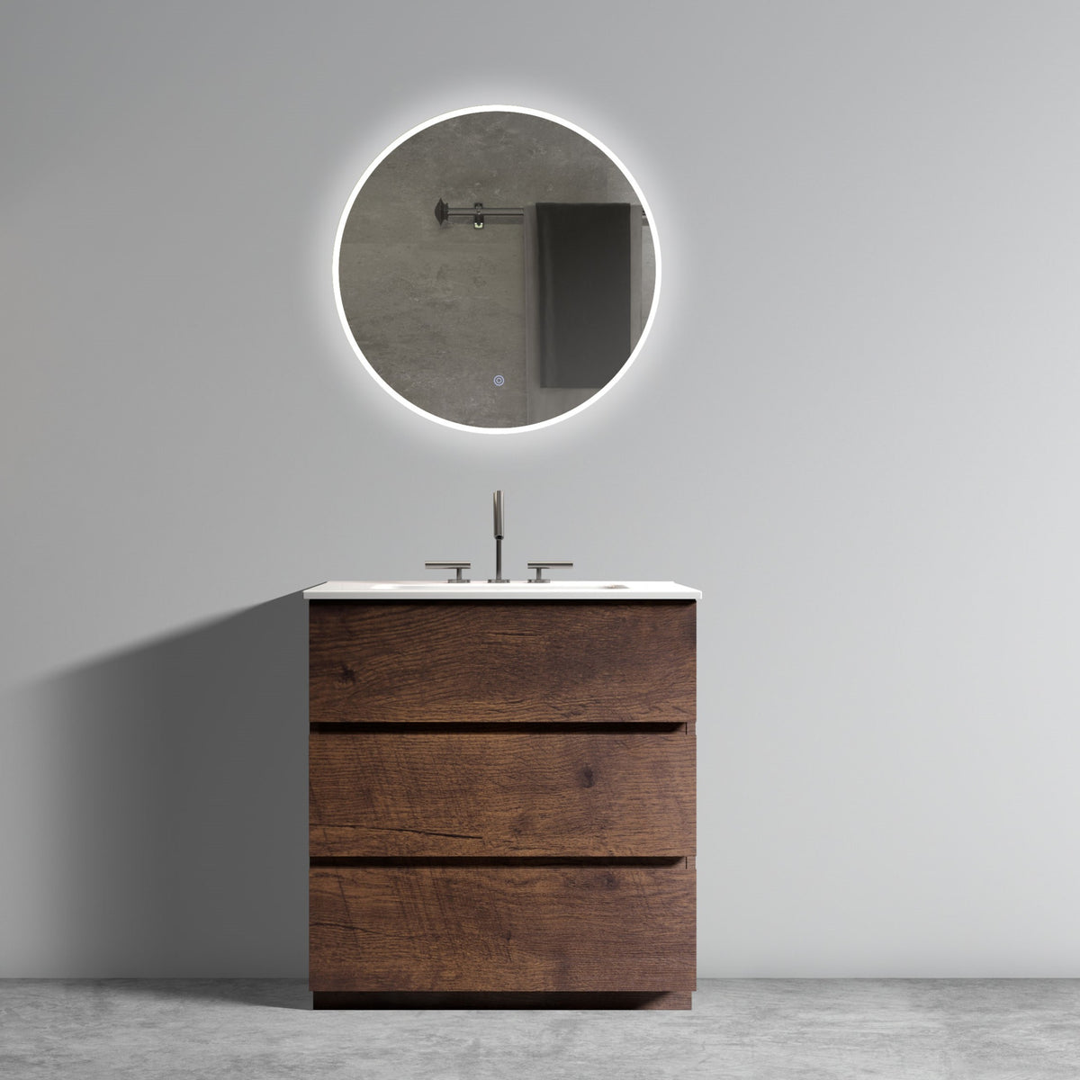 30&#39; Walnut Bathroom Vanity with Sink and 3 Faucet Holes Large Storage Freestanding Design One-Piece White Sink Basin Pre-Assembled In White and Walnut