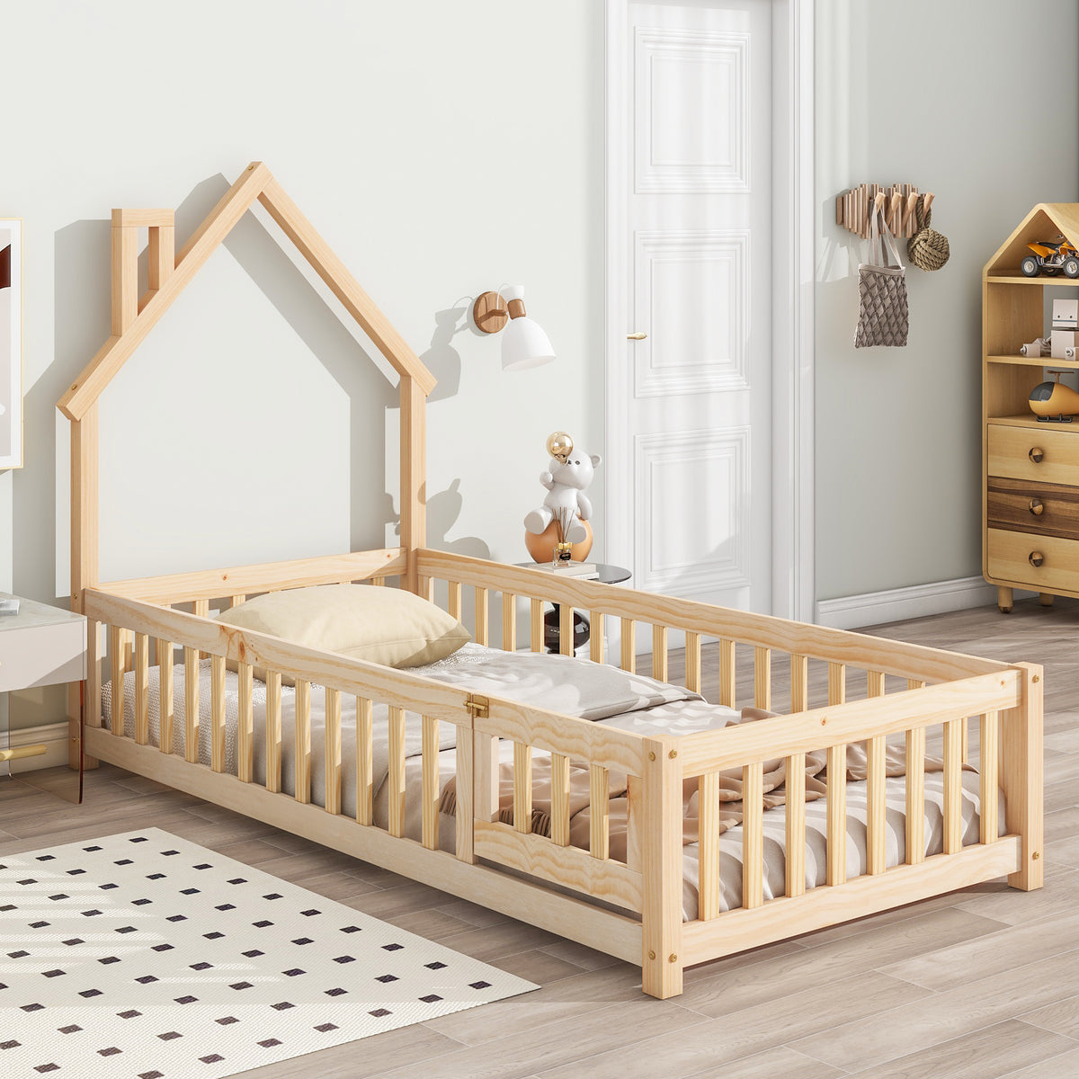 Natural Twin House-Shaped Headboard Toddler Floor Bed with Fence