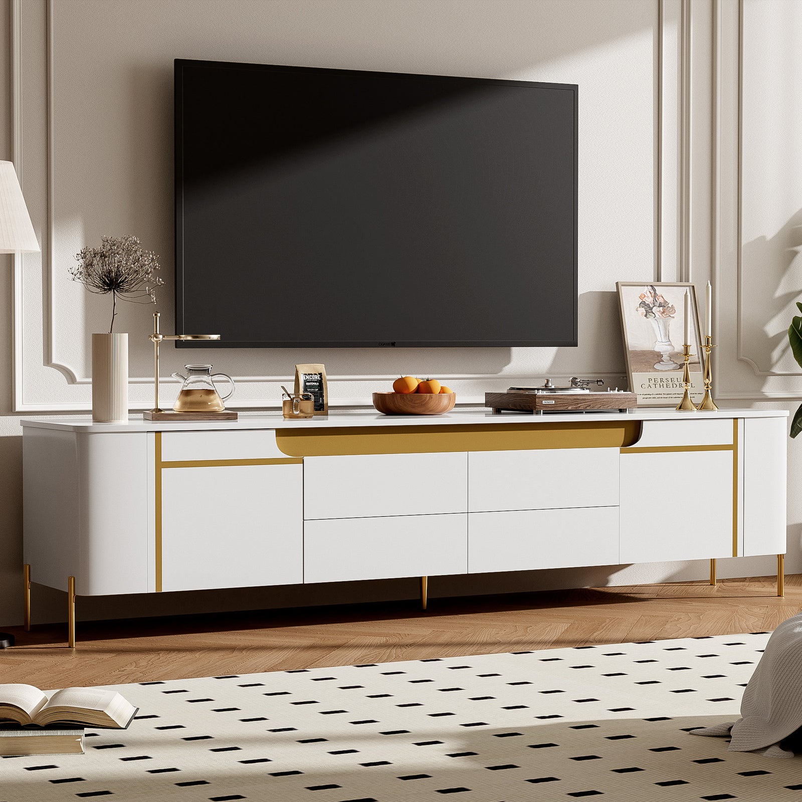 75" TV Stand for TVs Up to 80" in White with Gold Accents