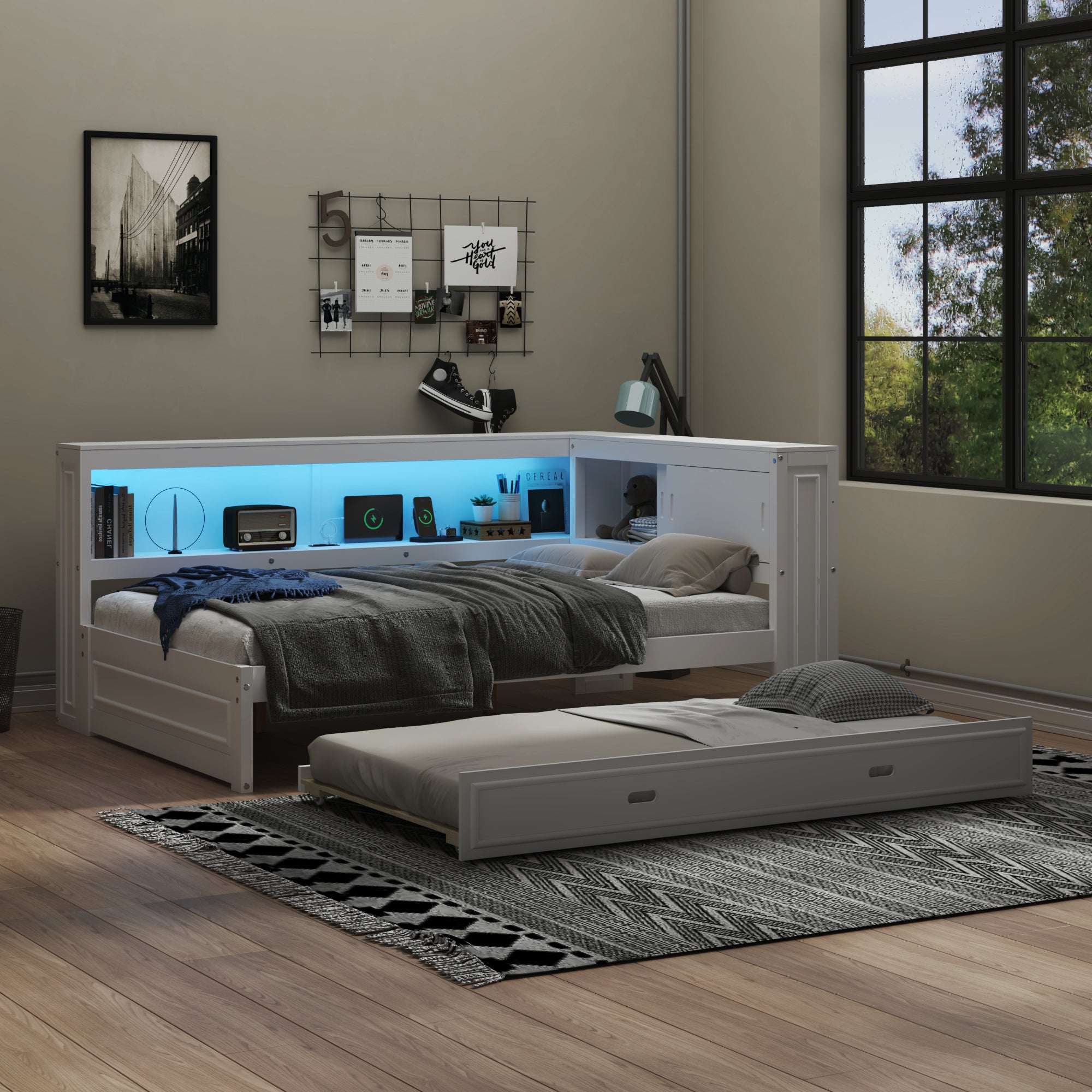 Full Size Wood Daybed with USB Charging LED Shelves and Trundle In White