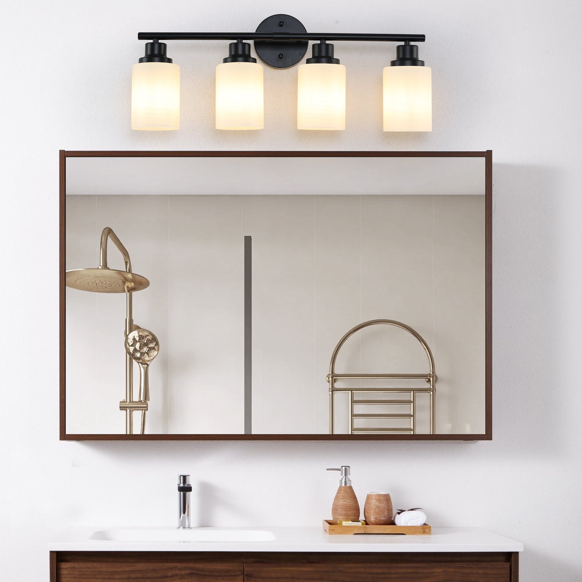 4-Light Vanity Light with Frosted White Glass with Black Iron Frame