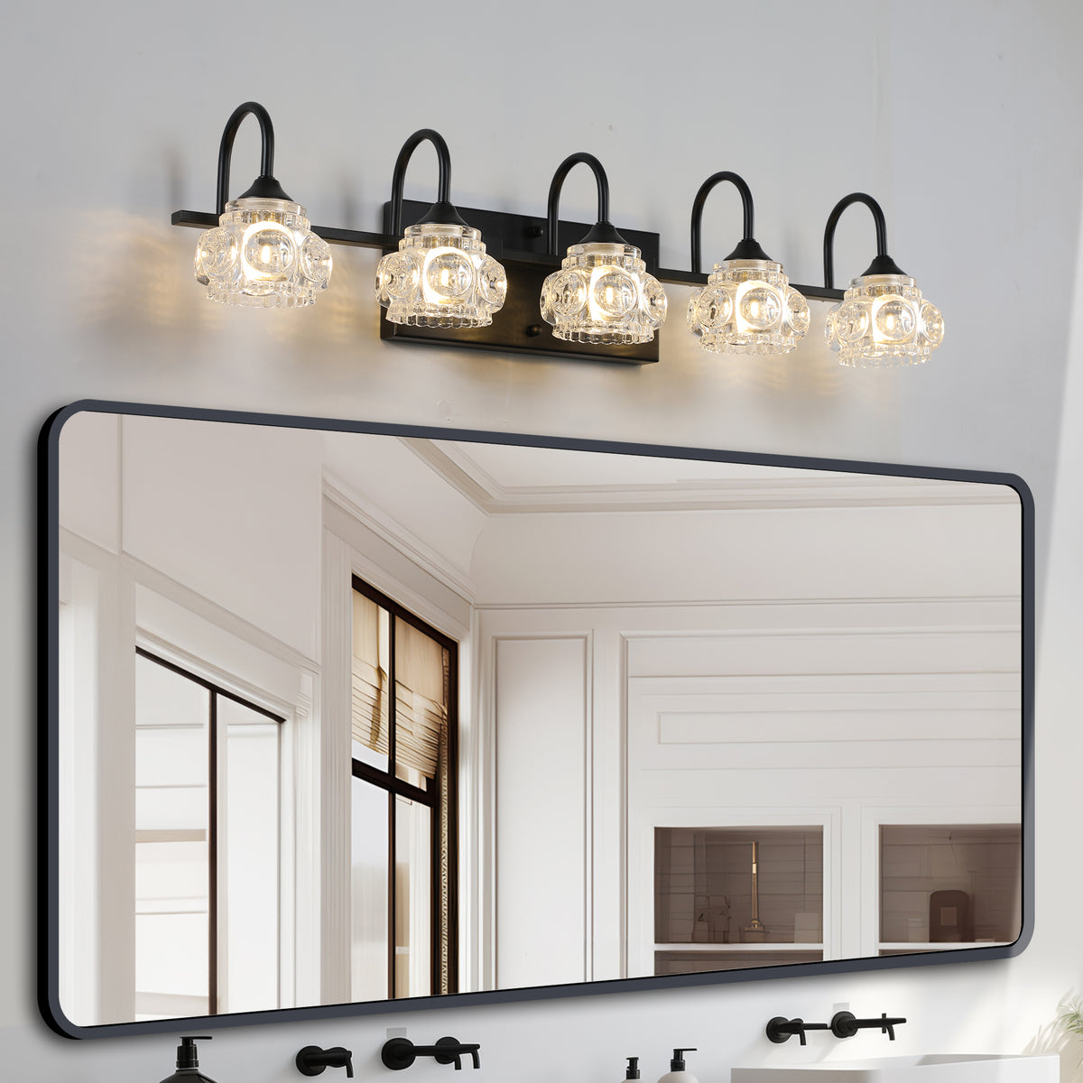 Aestin&#39;s Retro 5-Light Bathroom Vanity Light Fixture in Black Finish with Crystal Glass Shades