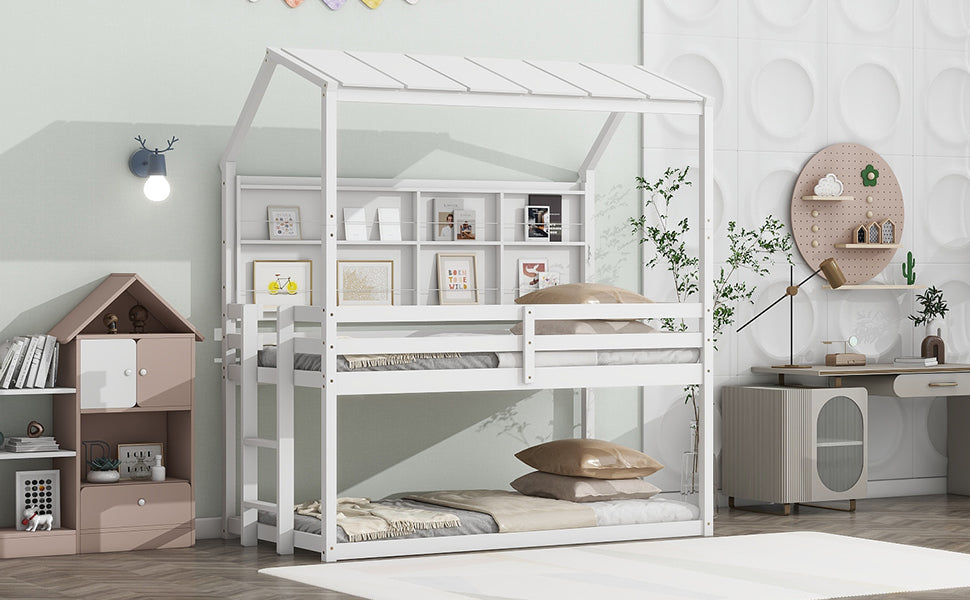 Twin House Loft Bed with Semi-Enclosed Roof and Built-in Bookshelves