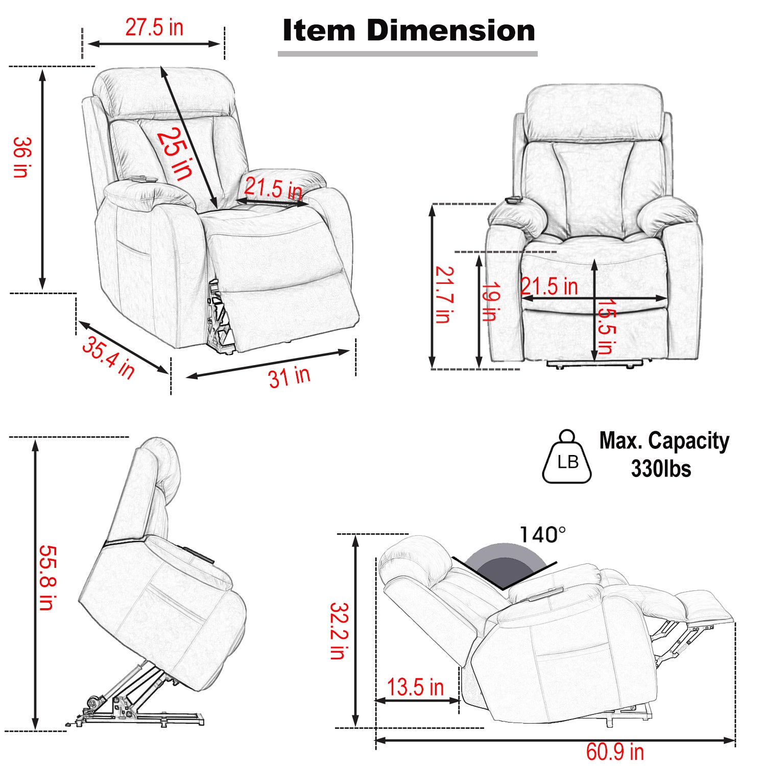 Electric Power Lift Recliner Chair for Seniors - Light Gray Fabric, Remote Control, Side Pocket, Ideal for Elderly Comfort