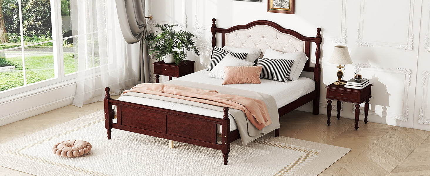 Classic Queen Size Pine Wood Bed with Upholstered Headboard