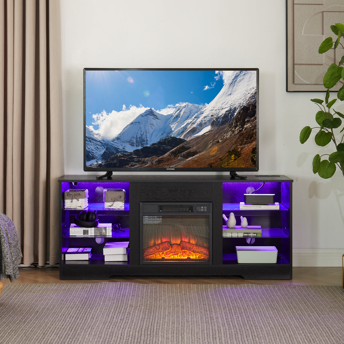 TV Stand Electric Fireplace With Glass Shelves And USB Charging Outlet Modern 3D Fireplace TV Stand For TVs Up To 65 In Black